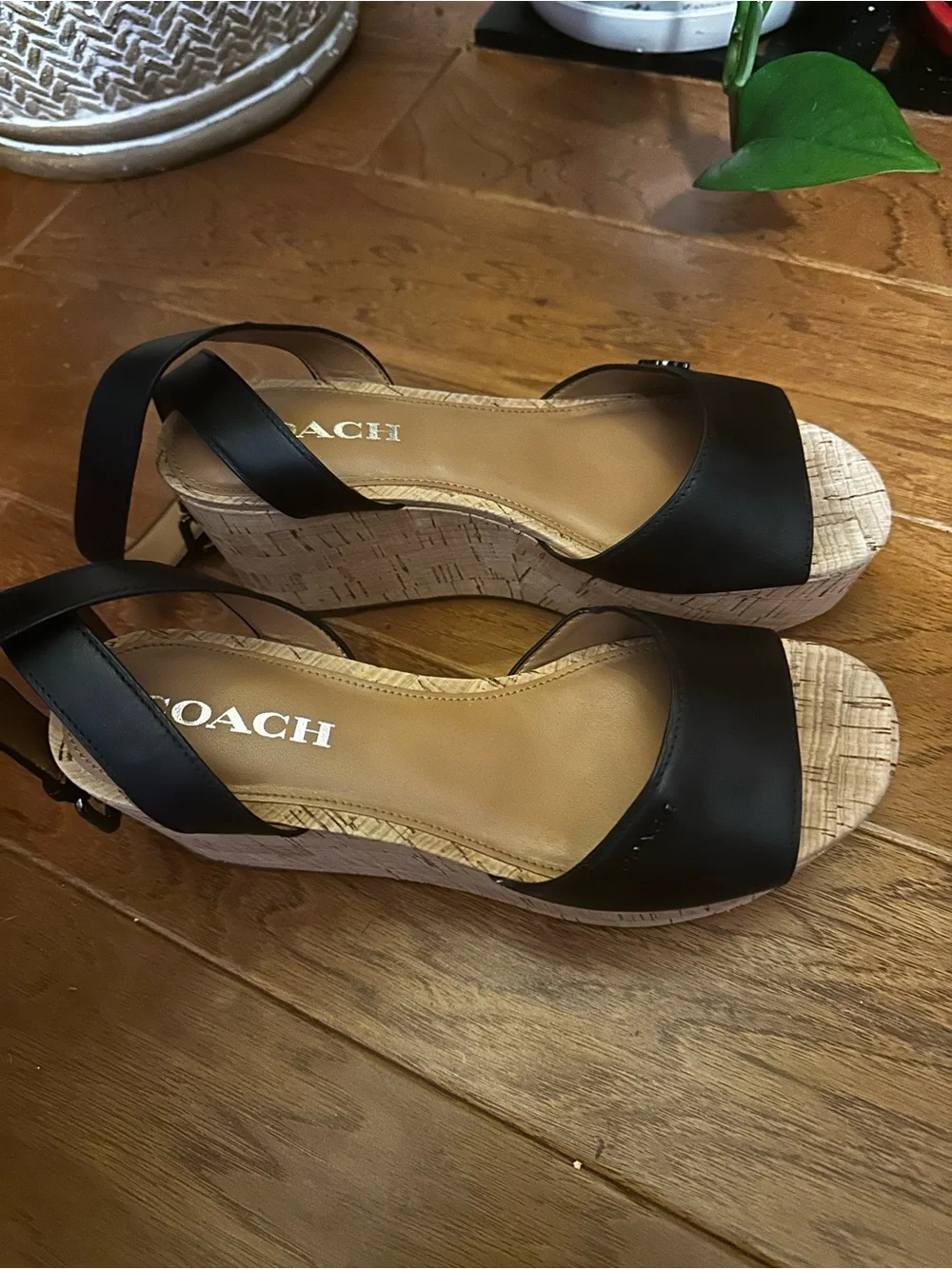 COACH Black Leather Cork Wedge Sandals with Crisscross Straps Size 7